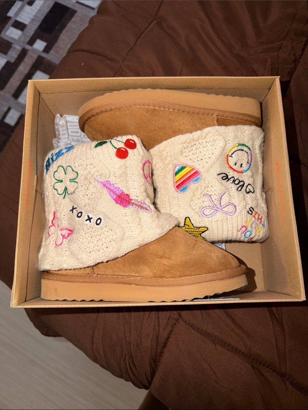 Steve Madden Kids Tan Suede Boots with Cream Embroidered Cuffs
